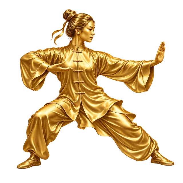 Gold-colored illustration of a tai chi practitioner in a wide open-hand stance