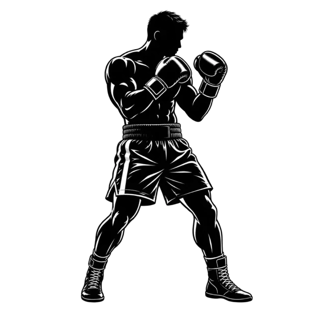 Black illustration of a boxer with white highlights and raised gloves
