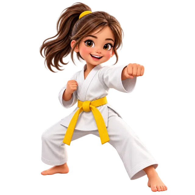 Cartoon karate student in a white uniform and yellow belt throwing a punch