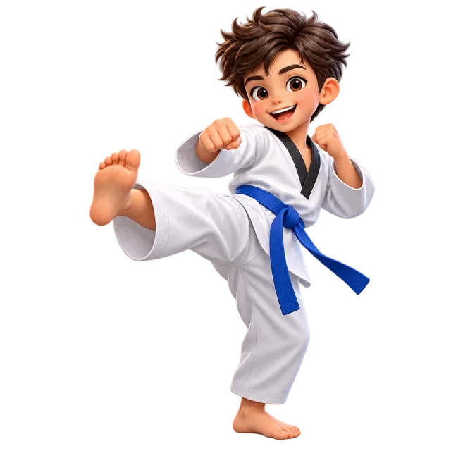 Cartoon taekwondo student in a white uniform and blue belt performing a kick