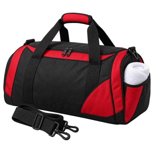 Black and red training duffel bag with a shoulder strap and side bottle pocket