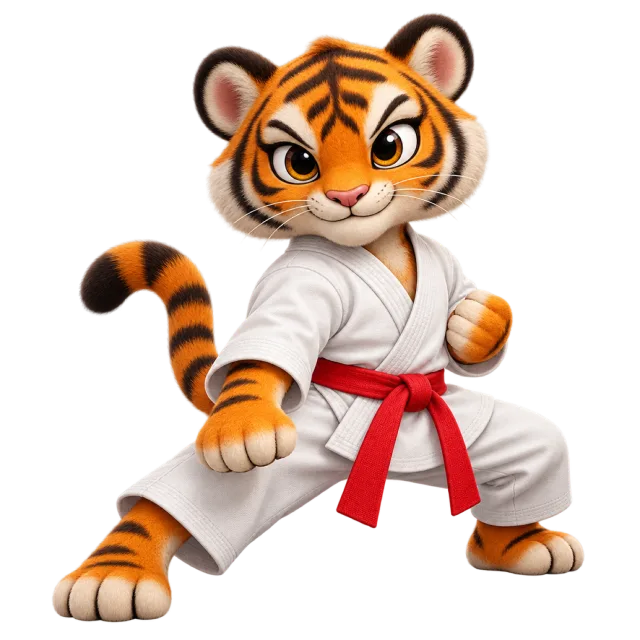 Cartoon tiger in a white karate uniform and red belt in a ready stance