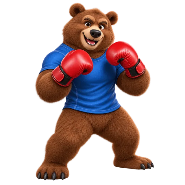 Cartoon bear wearing a blue sports shirt and red boxing gloves