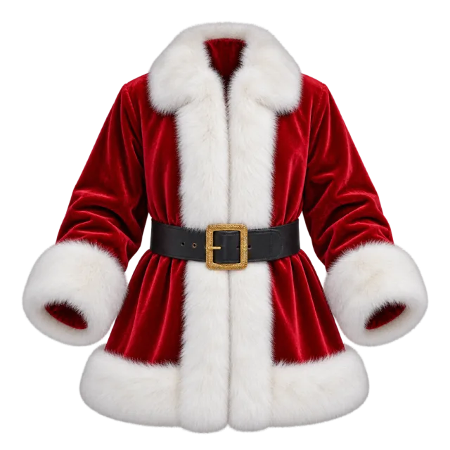 A red velvet Santa coat with white fur trim and a black belt