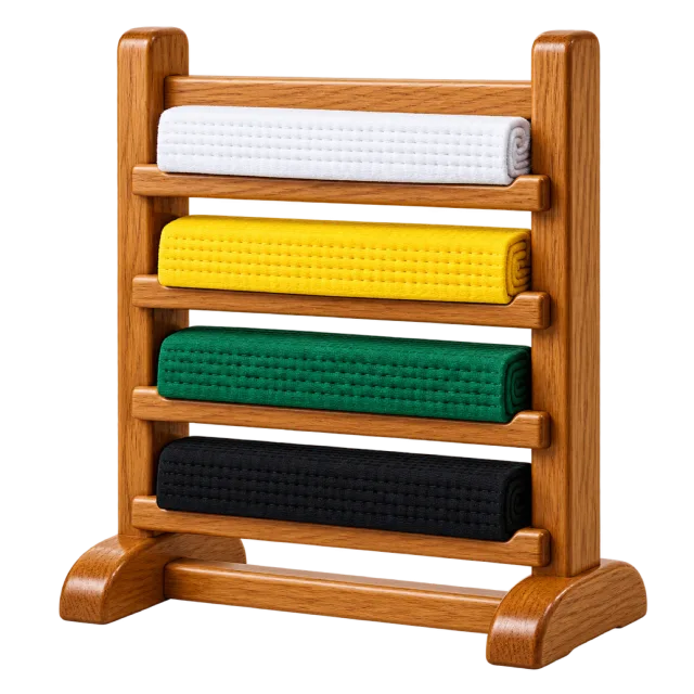 Wooden display rack holding white, yellow, green and black martial arts belts