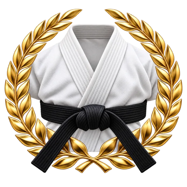 White gi and black belt emblem framed by a gold-colored laurel wreath