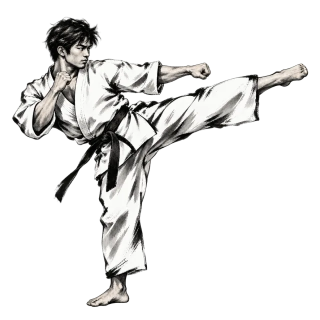 Black and white ink-style artwork of a martial artist performing a side kick