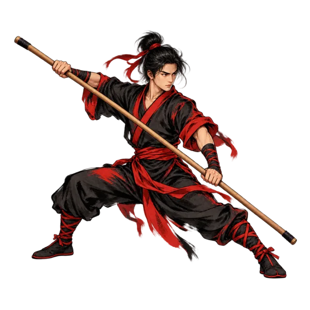 Black and red ink-style artwork of a kung fu practitioner holding a long staff