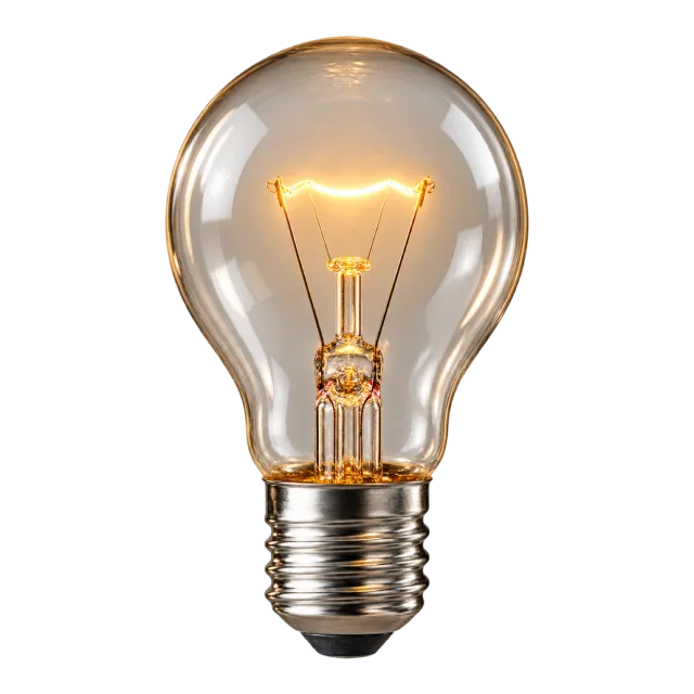 Clear light bulb with a glowing filament and silver screw base