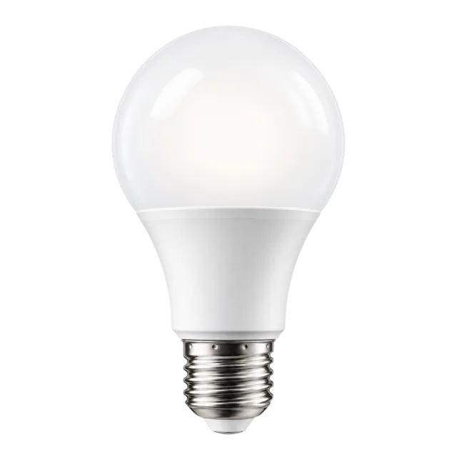 Frosted white LED-style bulb with a silver screw base