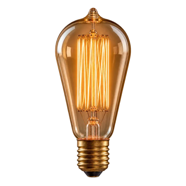 Amber vintage Edison-style bulb with long glowing filaments and a brass-colored base