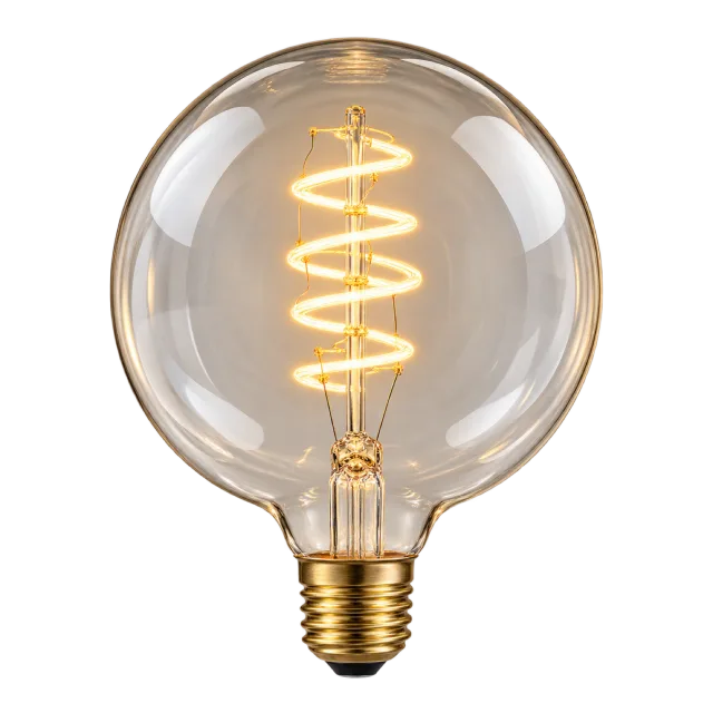 Clear round globe bulb with a glowing spiral filament