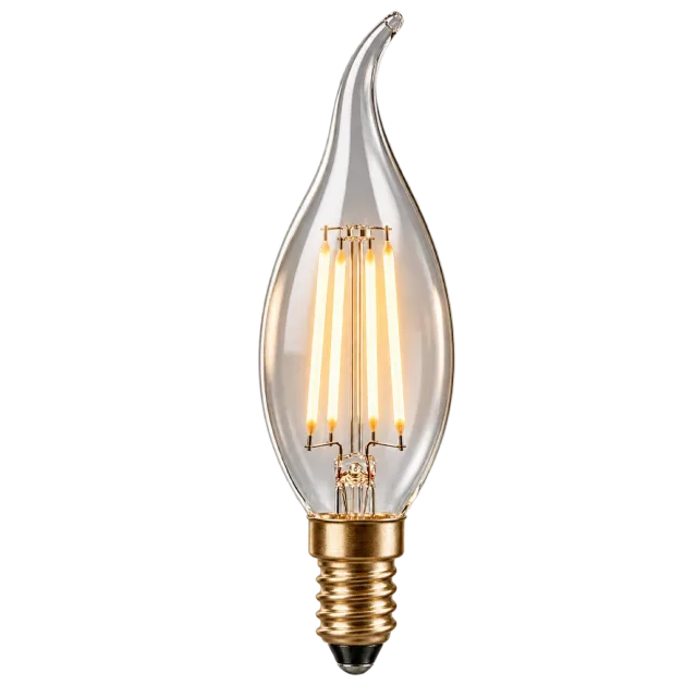 Slender flame-tip candle bulb with visible filaments and a screw base