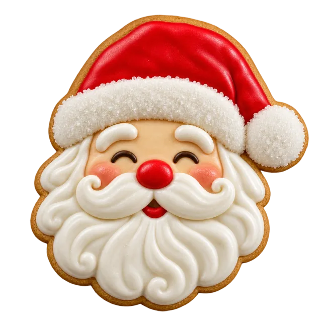 A Santa face cookie with white beard icing, rosy cheeks and a red hat