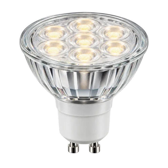 GU10-style spotlight bulb with multiple visible LEDs and a two-pin base