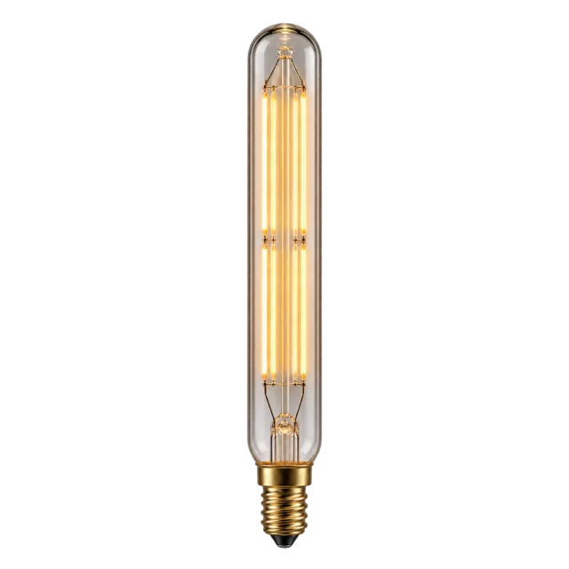 Tall tubular glass bulb with glowing filaments and a narrow screw base