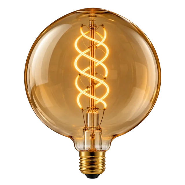 Amber globe bulb with a bright spiral filament and gold-colored base