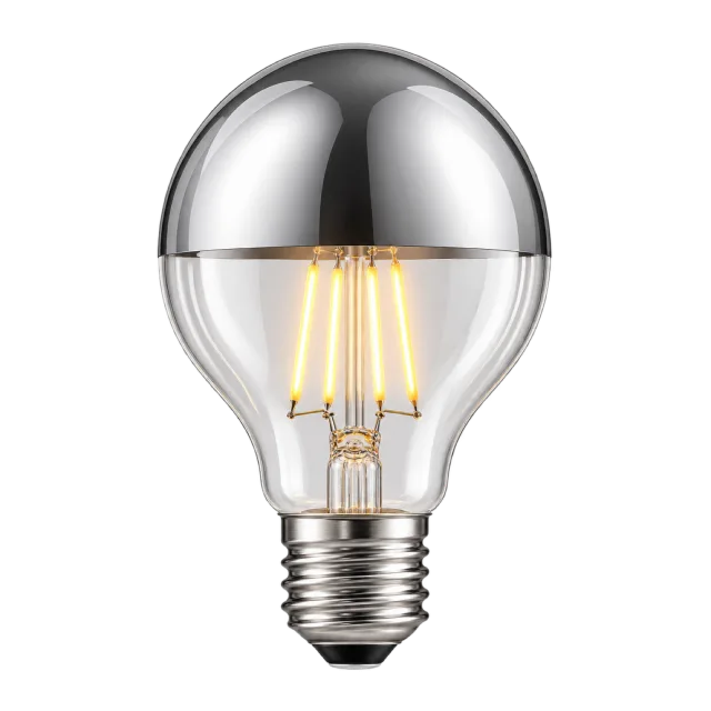 Clear bulb with a mirrored silver crown and visible glowing filaments