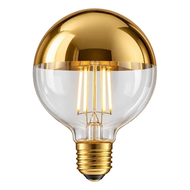 Clear bulb with a reflective gold crown and matching screw base