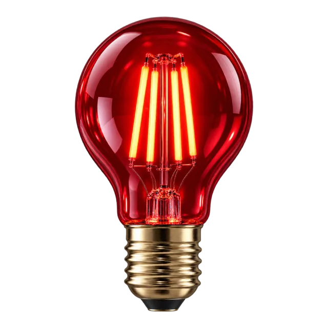 Red glass bulb with bright orange filaments and a metallic screw base