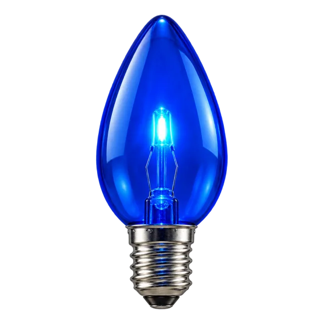 Blue candle-shaped bulb with a glowing center and silver screw base