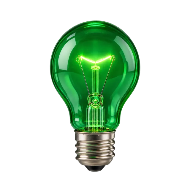Green glass bulb with a glowing filament and metallic screw base