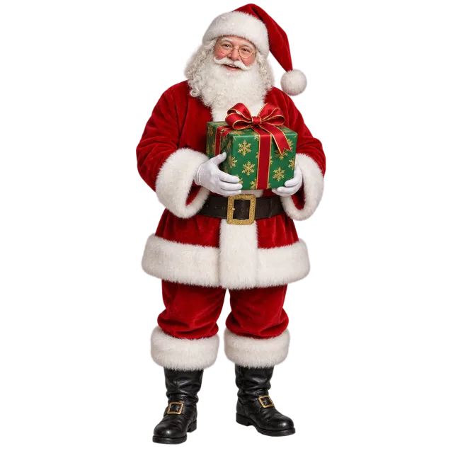 Santa Claus holding a green present tied with a red ribbon