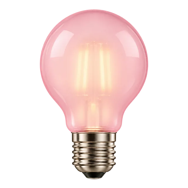 Pink frosted bulb with softly glowing filaments and a screw base
