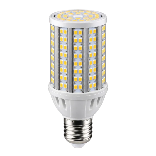Cylindrical corn-style LED bulb covered with rows of small yellow LEDs