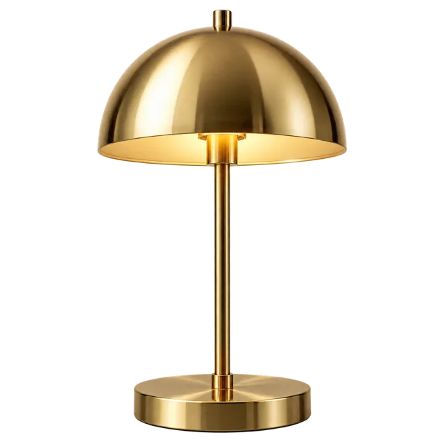 Brass-colored desk lamp with a dome shade and circular base