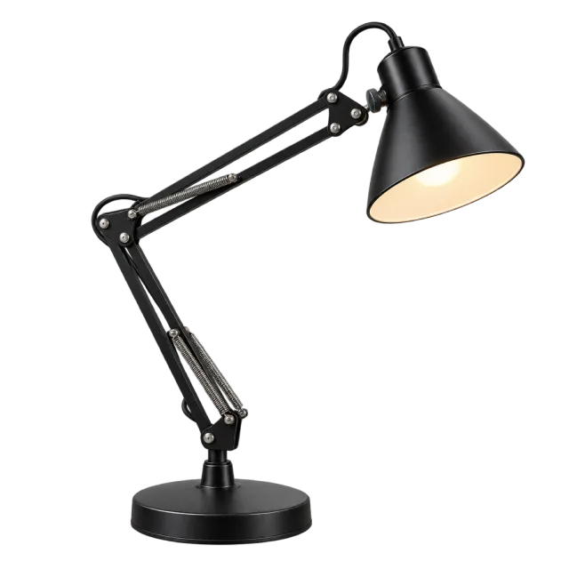 Black architect desk lamp with an articulated arm and angled shade