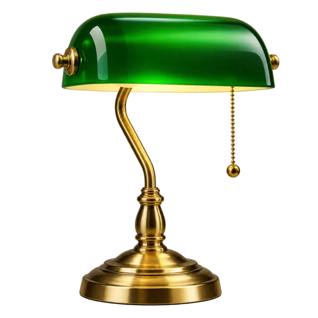 Green banker-style lamp with a brass-colored stand and pull chain