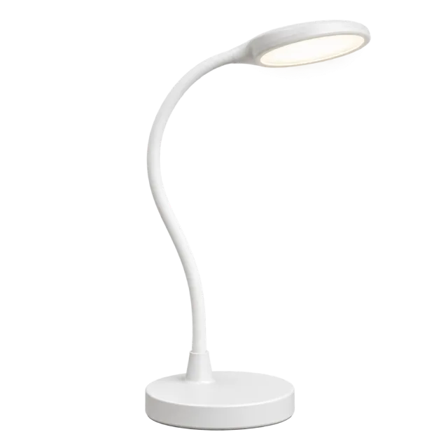 White desk lamp with a curved gooseneck and slim oval light head