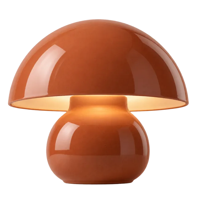 Glossy rust-colored mushroom table lamp with a broad dome shade