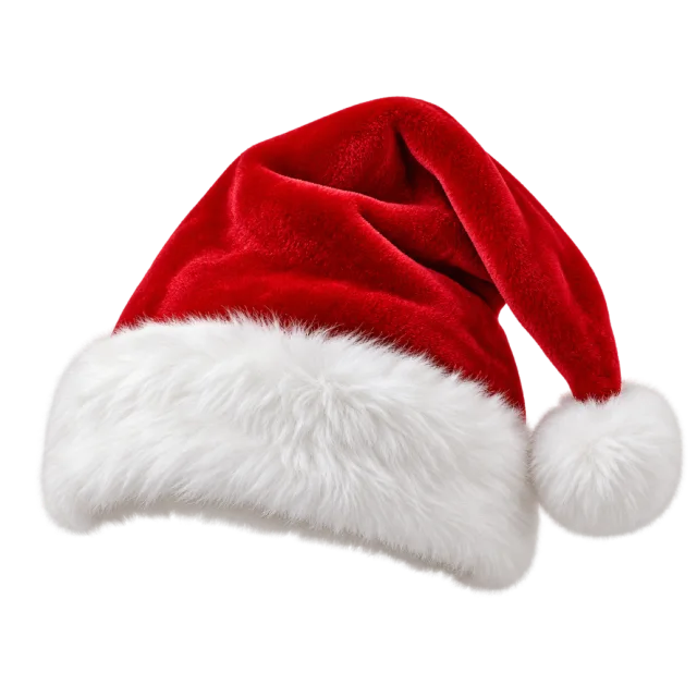 A red velvet Santa hat with white furry trim and a round pompom