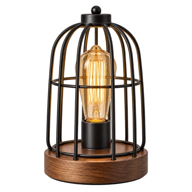 Industrial table lamp with a black cage, exposed bulb and round wooden base