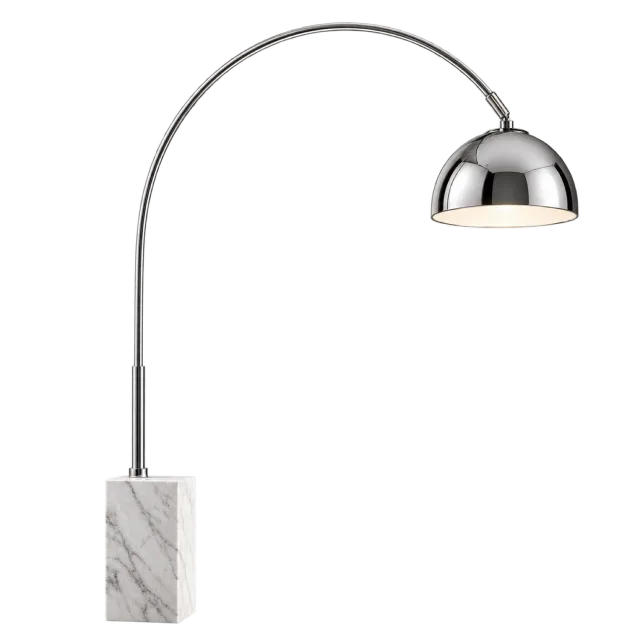Arched floor lamp with a chrome-style dome shade and tall stone-style base