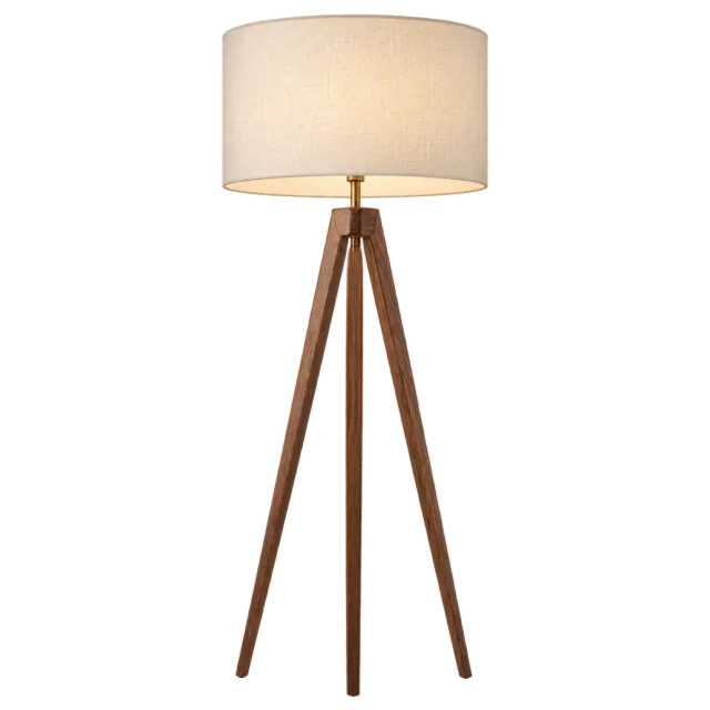 Wooden tripod floor lamp with a large cream drum shade