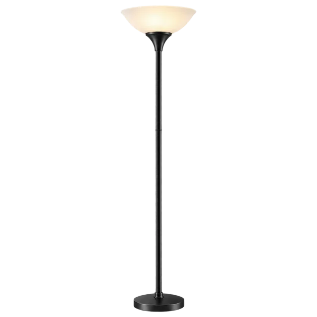 Black uplighter floor lamp with a glowing upward-facing bowl shade