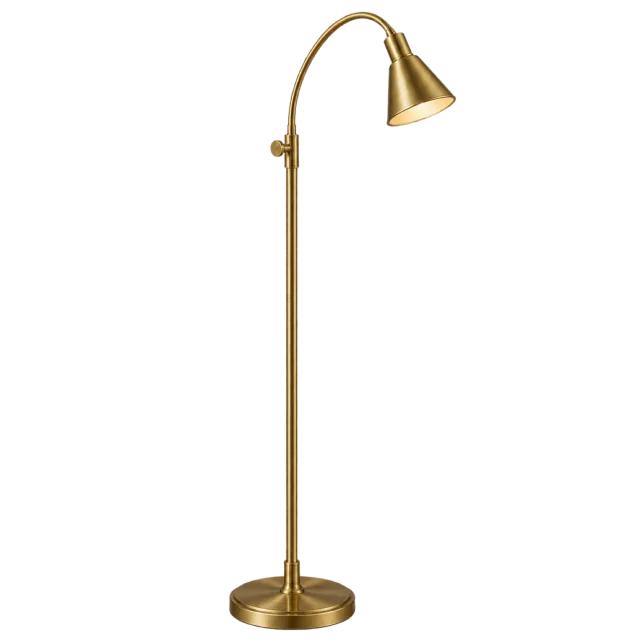 Brass-colored reading floor lamp with a curved neck and adjustable cone shade