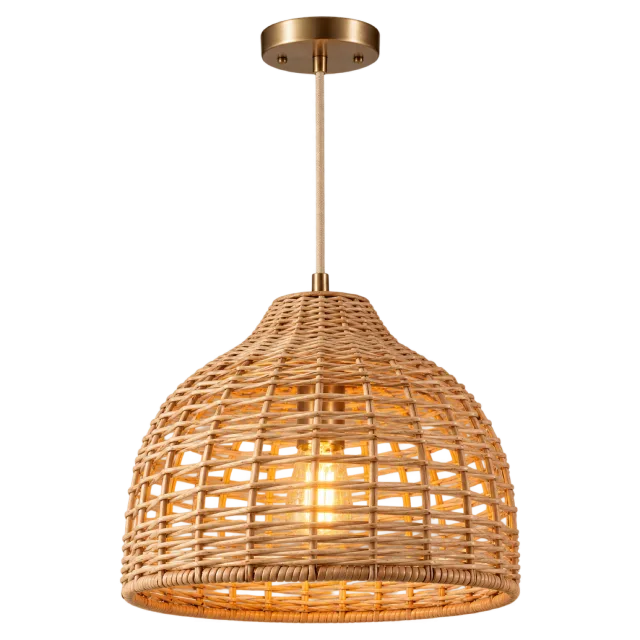 Woven rattan-style pendant light with a warm glow and brass-colored ceiling fitting