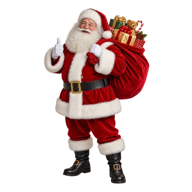 Santa Claus carrying a red sack filled with wrapped Christmas presents