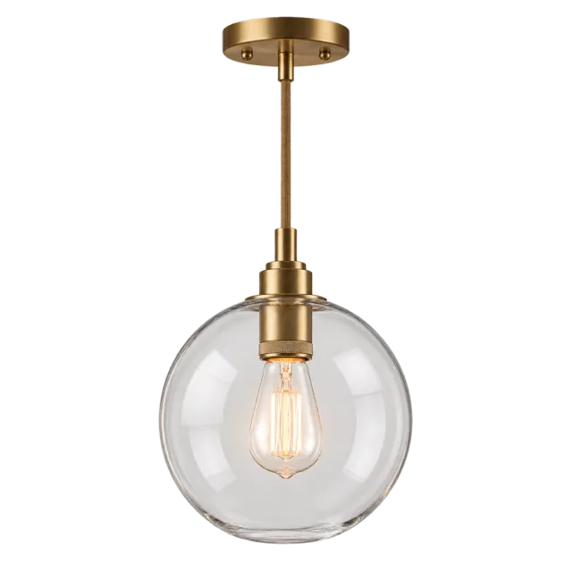Clear glass globe pendant light with an exposed bulb and brass-colored fitting