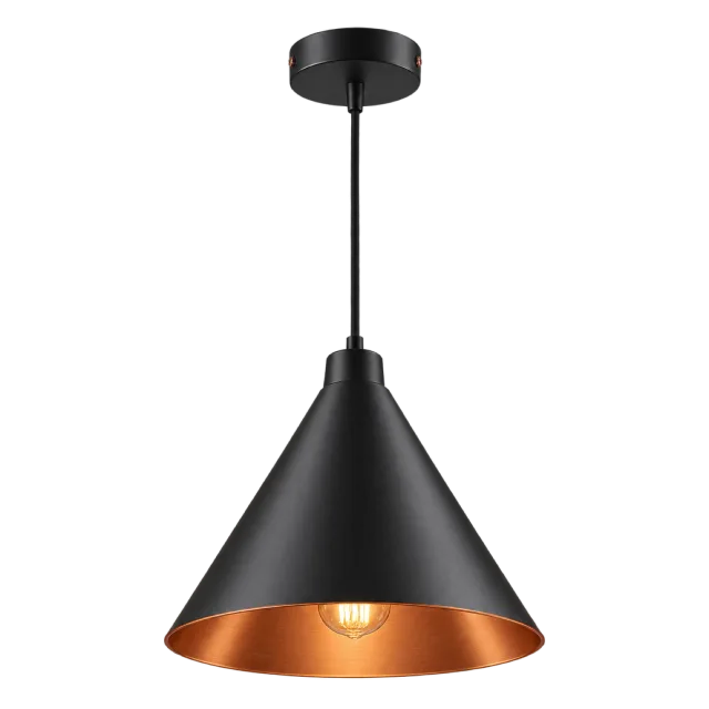 Black cone pendant light with a copper-colored inner shade
