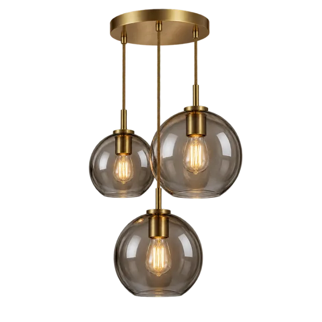 Three smoky glass globe pendant lights hanging at staggered heights