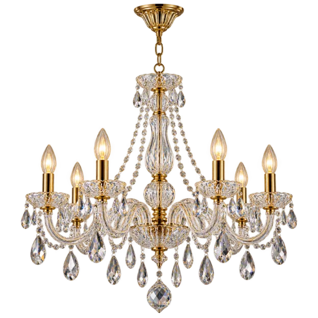 Ornate crystal-style chandelier with candle-shaped lights and hanging clear drops