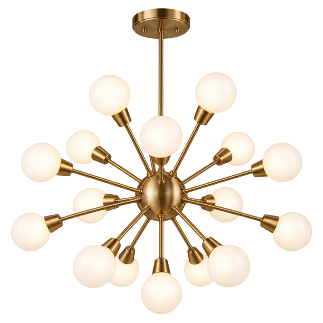 Brass-colored Sputnik chandelier with radiating arms and frosted globe bulbs
