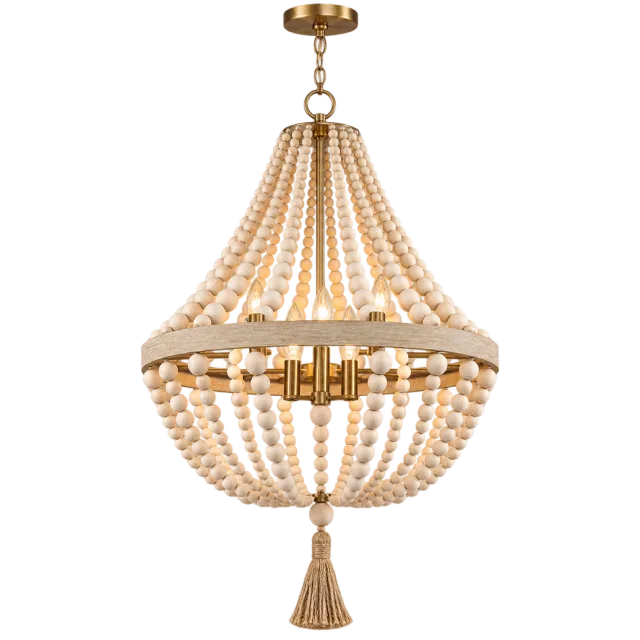 Chandelier formed from strands of pale wooden beads with a hanging tassel