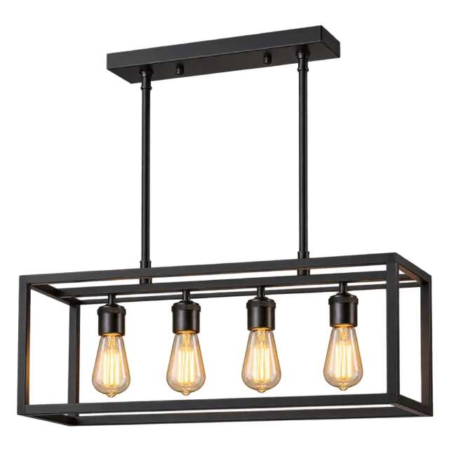 Rectangular black cage chandelier containing four exposed hanging bulbs