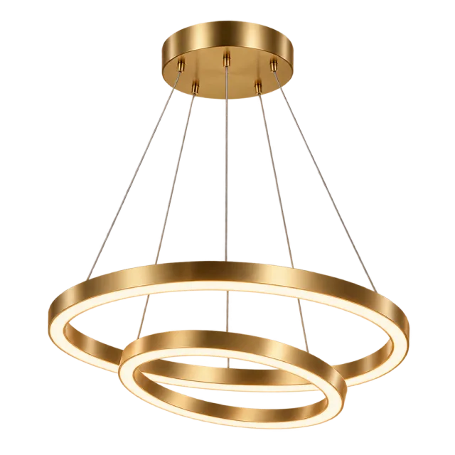 Modern chandelier with three illuminated gold-colored rings at different heights